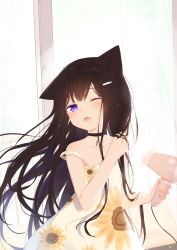 Rule 34 | 1girl, ;o, absurdres, animal ears, bare arms, bare shoulders, black choker, black hair, blush, cat ears, cat tail, choker, collarbone, commentary, cowboy shot, curtains, day, dress, drying, drying hair, fang, floral print, fufumi, hair dryer, hair ornament, hairclip, hand in own hair, highres, holding, indoors, long hair, looking at viewer, one eye closed, open mouth, original, print dress, purple eyes, sleeveless, sleeveless dress, solo, strap slip, sunflower print, symbol-only commentary, tail, transparent, very long hair, white dress, window