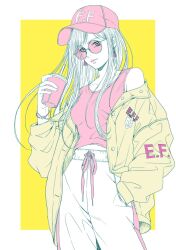 Rule 34 | 1girl, baseball cap, border, brown coat, casual, closed mouth, coat, commentary request, cowboy shot, cup, disposable cup, drawstring, earrings, earth federation, flat color, floating hair, gigi andalusia, glasses, gundam, gundam hathaway&#039;s flash, hand in pocket, hat, highres, holding, holding cup, jewelry, light smile, lipstick, long hair, long sleeves, looking at viewer, makeup, midriff peek, off shoulder, open clothes, open coat, outside border, pants, pink-tinted eyewear, pink hat, pink lips, pink tank top, round eyewear, siodam410, solo, standing, sweatpants, tank top, tinted eyewear, white border, white pants, yellow background
