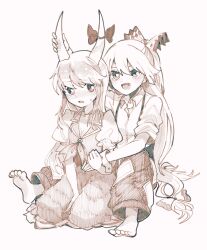 Rule 34 | 2girls, :d, arm support, arm up, baggy pants, barefoot, between legs, blush, bow, collared shirt, dot nose, dress, eyebrows hidden by hair, flustered, fujiwara no mokou, full-face blush, full body, furrowed brow, hair between eyes, hair bow, half updo, hand between legs, hand up, hatching (texture), holding another&#039;s wrist, horn bow, horn grab, horn ornament, horns, hug, hug from behind, itomugi-kun, kamishirasawa keine, linear hatching, long hair, looking at another, low-tied long hair, lower teeth only, monochrome, multiple girls, neckerchief, no headwear, ofuda, ofuda on clothes, open mouth, pants, puffy pants, puffy short sleeves, puffy sleeves, sepia, sepia background, shirt, short sleeves, simple background, sitting, sleeves rolled up, smile, suspenders, sweat, teeth, toes, touhou, very long hair, wing collar, wrist cuffs