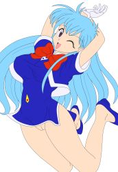 Rule 34 | 1990s (style), 1girl, absurdres, ass, black background, blue footwear, blue hair, bow, breasts, crossed legs, dress, earrings, female focus, flight attendant, gloves, hand up, hat, highres, hip focus, jewelry, legs, long hair, looking to the side, medium breasts, miniskirt, no panties, open mouth, purple eyes, red bow, retro artstyle, shoes, short dress, short sleeves, simple background, sitting, skirt, smile, solo, tenjouin katsura, thighs, third-party edit, travel attendant, vector trace, white gloves, yat anshin uchuu ryokou