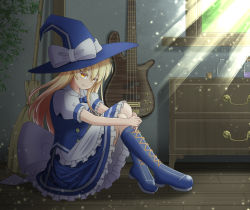 Rule 34 | 1girl, bare legs, black footwear, blonde hair, boots, bow, bowtie, broom, cross-laced footwear, drawer, dress, frilled dress, frilled skirt, frills, fusen, guitar, hat, indoors, instrument, kirisame marisa, lace-up boots, legs together, looking at viewer, own hands together, sitting, skirt, smug, sunlight, touhou, window, witch, witch hat, yellow eyes
