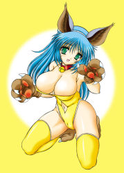 Rule 34 | 1girl, animal ears, animal hands, bell, blue hair, breasts, cameltoe, cat ears, cat paws, collar, green eyes, gyakushuu takeshi, large breasts, neck bell, solo, thighhighs, yellow thighhighs