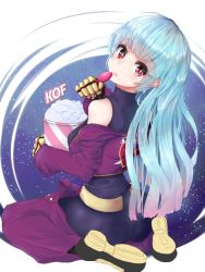 Rule 34 | 1girl, belt, blue hair, bodysuit, breasts, candy, chaps, closed mouth, commentary request, copyright name, cropped jacket, food, gloves, kula diamond, long hair, looking at viewer, medium breasts, red eyes, solo, the king of fighters, the king of fighters 2000, very long hair