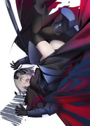 Rule 34 | 1girl, black thighhighs, blonde hair, cape, fate/grand order, fate (series), gauntlets, guratan, high heels, jeanne d&#039;arc (fate), jeanne d&#039;arc alter (avenger) (fate), jeanne d&#039;arc alter (avenger) (first ascension) (fate), jeanne d&#039;arc alter (fate), looking at viewer, short hair, simple background, solo, thighhighs, thighs, upside-down, white background, yellow eyes