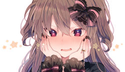 Rule 34 | 1girl, black bow, black nails, black shirt, blush, bow, brown hair, commentary request, fingernails, hair between eyes, hair bow, hands on own cheeks, hands on own face, hands up, heart, heart-shaped pupils, highres, ikeuchi tanuma, long hair, long sleeves, looking at viewer, nail polish, original, portrait, red eyes, shirt, simple background, solo, star (symbol), striped, striped bow, symbol-shaped pupils, very long hair, wavy mouth, white background