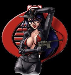 Rule 34 | 1girl, baroness (g.i. joe), belt, black background, black belt, black hair, blue eyes, bodysuit, breasts, center opening, cleavage, cobra command, cowboy shot, dual wielding, e.k weaver, facing viewer, g.i. joe, glasses, gun, handgun, holding, large breasts, lipstick, long hair, looking at viewer, lowres, makeup, mauser c96, medium breasts, parted lips, photoshop (medium), pistol, red lips, simple background, skin tight, solo, something awful, standing, undressing, unzipped, walther, walther p38, weapon