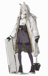 Rule 34 | 1girl, animal ears, ankle boots, arknights, bad id, bad pixiv id, belt, black footwear, black gloves, black pantyhose, black skirt, boots, coat, flail, full body, gloves, grey coat, grey hair, heavyrain (arknights), high-waist skirt, highres, holding, holding shield, holding weapon, horse ears, jewelry, long hair, long sleeves, looking at viewer, necklace, open clothes, open coat, pale skin, pantyhose, parted bangs, parted lips, purple eyes, ryne 25, shield, shirt, skirt, solo, standing, weapon, white shirt