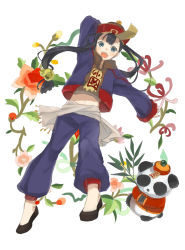 Rule 34 | 01 0219, black hair, chinese clothes, flower, green eyes, happy, hat, long hair, panda, solo