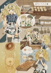Rule 34 | &gt; &lt;, 3girls, abyssal ship, apron, bag, bandana, blonde hair, blue shirt, blush, bowl, breast pocket, brown hair, chopsticks, closed eyes, closed mouth, cooking, doughnut, eating, enemy lifebuoy (kancolle), flying sweatdrops, folded ponytail, food, gambier bay (kancolle), hair between eyes, hairband, highres, holding, holding food, kantai collection, kasuga maru (kancolle), long hair, maid, maid apron, maid headdress, multiple girls, onigiri (ginseitou), open mouth, pocket, ponytail, shin&#039;you (kancolle), shirt, short sleeves, shorts, side ponytail, taiyou (kancolle), translation request, twintails