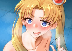 Rule 34 | 1girl, ?, arrow (symbol), bare shoulders, bishoujo senshi sailor moon, bishoujo senshi sailor moon s, blonde hair, blue eyes, blush, collarbone, commentary request, completely nude, derivative work, earrings, hair over shoulder, jewelry, long hair, looking at viewer, lower teeth only, meme, nude, open mouth, portrait, sailor moon, sailor moon redraw challenge (meme), solo, teeth, tiny gesture, tsukino usagi, twintails, yamauchi (conan-comy)
