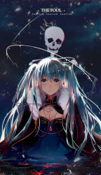 Rule 34 | 1girl, absurdres, blood, breasts, cleavage, crown, dress, earrings, english text, eyelashes, glowing, glowing eye, green eyes, green hair, hair ornament, hatsune miku, highres, jewelry, light particles, long hair, necklace, pendant, skeleton, slass, solo, solo focus, text focus, twintails, vocaloid, water
