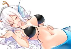 Rule 34 | 1girl, animal ears, bikini, bikini top only, black bikini, breasts, closed eyes, commentary request, drooling, facing viewer, fang, fins, front-tie top, hair between eyes, hairband, hand on own hip, hand up, head fins, highres, horns, large breasts, long hair, lying, mermaid, monster girl, navel, on back, open mouth, original, scales, simple background, sleeping, solo, suruga (xsurugax), swimsuit, white background