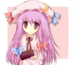 Rule 34 | 1girl, bad id, bad pixiv id, blush, book, hugging book, female focus, hat, holding, holding book, long hair, looking at viewer, mio 18navel, hugging object, patchouli knowledge, polka dot, polka dot background, purple eyes, purple hair, ribbon, solo, touhou, upper body