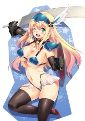 Rule 34 | 10s, 1girl, ;d, adapted costume, armor, atago (kancolle), bikini armor, black gloves, black thighhighs, blonde hair, breasts, cleavage, elbow gloves, gloves, green eyes, headgear, jpeg artifacts, kantai collection, large breasts, leg up, navel, one eye closed, open mouth, pauldrons, shield, shinozuka atsuto, shiny skin, shoulder armor, smile, solo, strap gap, sword, thighhighs, valkyrie, weapon, wink