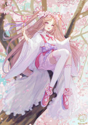 Rule 34 | 1girl, :d, absurdres, arms up, artist logo, blonde hair, blush, bow, buttons, cherry blossoms, collar, collared shirt, dress, flower, frilled collar, frilled sleeves, frills, gradient hair, hair flower, hair ornament, hair ribbon, highres, holding, holding wand, in tree, japanese clothes, knees up, long hair, long skirt, long sleeves, looking to the side, multicolored hair, neck ribbon, open mouth, original, pink eyes, pink hair, platform footwear, ribbon, sangatsu (mitsuki358), shirt, short dress, sitting, sitting in tree, skirt, smile, solo, thighhighs, tree, twintails, very long hair, wand, wide sleeves, zettai ryouiki
