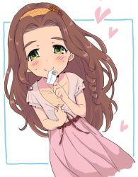 Rule 34 | 1girl, artist request, blush, breasts, brown hair, card in mouth, clothes pull, commentary request, flower, green eyes, hair flower, hair ornament, heart, id card, idolmaster, idolmaster cinderella girls, kusakabe wakaba, license plate, long hair, long skirt, looking at viewer, mouth hold, pink shirt, pink skirt, sexually suggestive, shirt, shirt pull, simple background, skirt, sleeveless, small breasts, solo, sweat, wavy hair