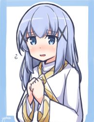 Rule 34 | 1girl, alternate eye color, alternate hair color, artist name, bad id, bad pixiv id, blue border, blue eyes, blue hair, blush, border, cosplay, flat chest, flying sweatdrops, gochuumon wa usagi desu ka?, hair ornament, hairclip, index (cosplay), index (toaru majutsu no index), kafuu chino, light blue hair, long hair, long sleeves, looking at viewer, nose blush, open mouth, outline, own hands together, robe, sidelocks, solo, toaru majutsu no index, upper body, wavy mouth, white background, white outline, white robe, x hair ornament, yaplus