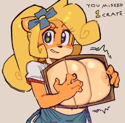 Rule 34 | 1girl, animal nose, breasts, coco bandicoot, covering privates, covering breasts, crash bandicoot (series), friendly mutton chops, furry, furry female, green eyes, holding, large breasts, long hair, nipples, overalls, overalls aside, ponytail, shirt, solo, wamudraws, wooden box