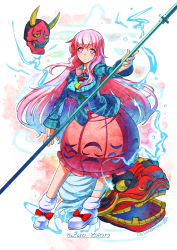 Rule 34 | 1girl, arched back, artist name, aura, bow, bowtie, breasts, character name, energy, expressionless, hata no kokoro, holding, holding weapon, large breasts, long hair, long sleeves, mask, oni mask, pink eyes, pink hair, pink skirt, polearm, shoes, signature, skirt, socks, solo, touhou, umigarasu (kitsune1963), weapon