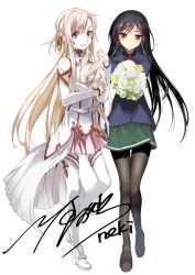 Rule 34 | 10s, 2girls, accel world, animal, asuna (sao), black hair, black legwear, bouquet, brown eyes, brown hair, creator connection, crossover, detached sleeves, flower, green skirt, holding, holding animal, holding bouquet, holding hands, interlocked fingers, kuroyukihime, light brown hair, long hair, looking at viewer, multiple girls, open mouth, pantyhose, pink skirt, pleated skirt, skirt, sword art online, thighhighs, very long hair, white thighhighs