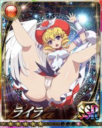 Rule 34 | 1girl, angel, artificial wings, ass, bare legs, blonde hair, breasts, card (medium), curvy, female focus, hat, huge ass, laila (queen&#039;s blade), legs up, long hair, looking at viewer, mechanical wings, medium breasts, miniskirt, purple eyes, queen&#039;s blade, queen&#039;s blade rebellion, shiny skin, skirt, solo, thong, wings