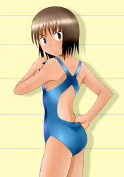 Rule 34 | 1girl, adjusting clothes, adjusting swimsuit, angry, ass, blue one-piece swimsuit, blush, brown eyes, brown hair, competition swimsuit, from behind, looking at viewer, looking back, one-piece swimsuit, original, short hair, solo, swimsuit, tanaka rikimaru, wall