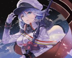 Rule 34 | 1girl, azur lane, blue eyes, blue hair, breasts, commentary request, earrings, flag, gloves, hair between eyes, hand on headwear, hat, holding, jewelry, large breasts, long hair, long sleeves, looking at viewer, military, military uniform, parted lips, peaked cap, sibyl, snow, solo, tirpitz (azur lane), uniform, white gloves, white hat