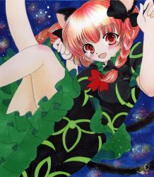 Rule 34 | 1girl, animal ears, bad id, bad pixiv id, blue background, blush, braid, cat ears, cat tail, dress, frilled dress, frills, hair ribbon, hands up, highres, kaenbyou rin, leg up, light particles, looking at viewer, multiple tails, open mouth, paw pose, reclining, red eyes, red hair, ribbon, short hair, solo, suigetsu minamo, tail, touhou, tress ribbon, twin braids