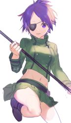 Rule 34 | 1girl, boots, breasts, chrome dokuro, commentary request, eyepatch, heiwa (murasiho), highres, katekyo hitman reborn!, looking at viewer, midriff, polearm, purple eyes, purple hair, short hair, simple background, skirt, smile, solo, weapon, white background