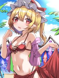 Rule 34 | 1girl, absurdres, beach, belly, bikini, blonde hair, blush, breasts, cleavage, flandre scarlet, hand up, highres, kiui (dagk8254), leaf, looking at viewer, navel, open mouth, outdoors, pointy ears, red bikini, red eyes, sky, small breasts, swimsuit, touhou, white headwear