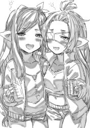 Rule 34 | 2girls, alcohol, arulumaya, bad id, bad twitter id, blush, bottle, bow, can, casual, eyepatch, flat chest, granblue fantasy, greyscale, hair bow, harvin, highres, long hair, looking at viewer, lunalu (granblue fantasy), medical eyepatch, midriff, monochrome, multiple girls, open mouth, pointy ears, tori udon, very long hair