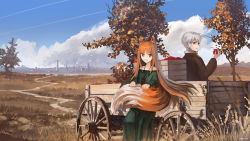 Rule 34 | 1boy, 1girl, advarcher, animal ear fluff, animal ears, apple, autumn leaves, bare shoulders, blue sky, brown hair, cloud, contrail, craft lawrence, dress, food, fruit, green dress, grey eyes, highres, holding, holding food, holding fruit, holo, looking at viewer, pouch, red eyes, scenery, signature, sky, smile, spice and wolf, tail, tree, wagon, wagon wheel, wheat, wolf ears, wolf tail