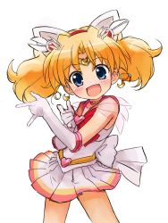 Rule 34 | 1girl, animal ears, bishoujo senshi sailor moon, blonde hair, blue eyes, blush, brooch, cat ears, cosplay, elbow gloves, fang, gloves, hair ornament, heart, heart brooch, highres, jewelpet (series), jewelpet twinkle, jewelry, long hair, m/, magical girl, miria marigold mackenzie, multicolored clothes, multicolored skirt, non-web source, nyama, open mouth, sailor chibi moon, sailor chibi moon (cosplay), simple background, skirt, smile, solo, super sailor chibi moon, super sailor chibi moon (cosplay), tsuki ni kawatte oshioki yo, white background, white gloves