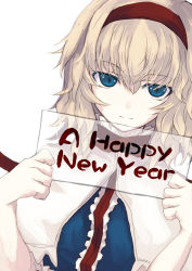 Rule 34 | 1girl, alice margatroid, asagi (kabocha oukoku), asagi shii, bad id, bad pixiv id, blonde hair, blue dress, blue eyes, capelet, dress, female focus, hairband, happy new year, holding, holding sign, light smile, looking at viewer, new year, short hair, sign, sign holding, solo, touhou, upper body