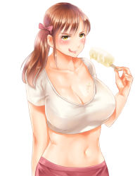 Rule 34 | 1girl, :q, bad id, bad pixiv id, breasts, brown hair, food, highres, large breasts, medium hair, navel, original, popsicle, riichi (rouchi), simple background, solo, tongue, tongue out, white background, yellow eyes
