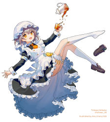 Rule 34 | 1girl, ainy, apron, artist name, brown footwear, brown hair, buckle, character name, collared dress, cuff links, cup, dress, drink, eyebrows hidden by hair, falling, fangs, floating, frills, full body, hair between eyes, hat, holding, holding cup, indie virtual youtuber, jewelry, long sleeves, looking at viewer, maid, maid apron, mob cap, open mouth, orange neckwear, puffy sleeves, ring, shoe loss, short hair, simple background, smile, solo, stuffed animal, stuffed toy, teacup, teapot, thigh strap, totowa hatsuka, twitter username, virtual youtuber, white background, white legwear, yellow eyes