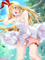 Rule 34 | 1girl, blonde hair, blue eyes, blue sky, blush, bow, breasts, choker, commentary request, day, dress, falling leaves, feet out of frame, from below, hand in own hair, highres, leaf, long hair, looking at viewer, looking down, mahjong soul, medium bangs, medium breasts, mikami chiori, one eye closed, open mouth, outdoors, panties, pantyshot, pink panties, red bow, sakura kanawo, sky, solo, sundress, tree, twitter username, underwear, white choker, white dress, wind, wind lift