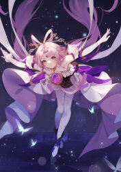 Rule 34 | 1girl, absurdres, bare shoulders, bow-shaped hair, bug, butterfly, detached sleeves, expressionless, forehead jewel, fu xuan (honkai: star rail), highres, honkai: star rail, honkai (series), insect, pink hair, shoes, solo, woodylixx, yellow eyes