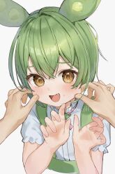 Rule 34 | 1girl, 1other, ambiguous gender, blush, brooch, cheek pinching, commentary request, cropped torso, double-parted bangs, fang, fingernails, frilled sleeves, frills, furrowed brow, green suspenders, grey hair, hands up, highres, jewelry, looking at viewer, neck ribbon, open mouth, pinching, pink ribbon, ribbon, shirt, short sleeves, suspenders, sweat, tananuki, upper body, voicevox, white background, white shirt, yellow eyes, zundamon