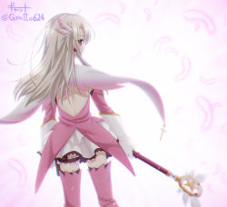 Rule 34 | 1girl, black thighhighs, boots, capelet, closed mouth, detached sleeves, earrings, fate/kaleid liner prisma illya, fate (series), floating hair, from behind, gloves, gradient capelet, gyatto624, hair between eyes, highres, holding, holding staff, jewelry, long hair, long sleeves, looking at viewer, looking back, magical girl, magical ruby, miniskirt, pink footwear, pink sleeves, prisma illya, red eyes, shoulder blades, silver hair, skirt, solo, staff, standing, thigh boots, thighhighs, twitter username, white capelet, white gloves, white skirt, zettai ryouiki