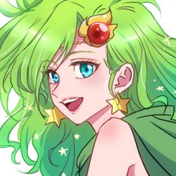 Rule 34 | 1girl, aged up, earrings, final fantasy, final fantasy iv, green eyes, green hair, hair ornament, jewelry, long hair, looking at viewer, open mouth, rydia (ff4), sa kichi, simple background, smile, solo, white background