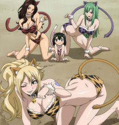 Rule 34 | 4girls, animal ears, asuka connell, bare shoulders, bisca mulan, blonde hair, blush, breasts, cana alberona, cleavage, fairy tail, green hair, highres, jenny realight, large breasts, looking at viewer, multiple girls, navel, one eye closed, open mouth, screencap, smile, stitched, tail, tattoo, third-party edit