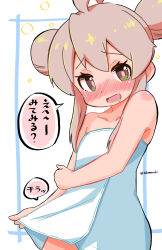 Rule 34 | 1girl, :d, ahoge, blush, brown eyes, collarbone, commentary request, double bun, drooling, drunk, hair bun, highres, long hair, looking at viewer, naked towel, nose blush, onii-chan wa oshimai!, open mouth, oyama mahiro, pink hair, sidelocks, simple background, smile, solo, squeans, takamaru (minamimachi seisakusho), towel, translated, twitter username, white background