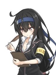 Rule 34 | 1girl, armband, black hair, blazer, blue headband, clipboard, commentary request, hatsushimo (kancolle), hatsushimo kai ni (kancolle), headband, highres, jacket, kantai collection, long hair, low-tied long hair, quill, reading, red eyes, school uniform, simple background, solo, umino ht, upper body, white background