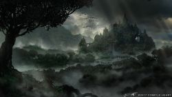 Rule 34 | blurry, bridge, city, cloud, cloudy sky, commentary, concept art, copyright name, dark, death end re;quest, depth of field, fantasy, fog, forest, landscape, light rays, mountain, nature, no humans, original, scenery, signature, sky, tree, water, waterfall, you shimizu