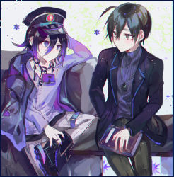 Rule 34 | 2boys, ahoge, arm up, black border, black footwear, black hair, black jacket, blue eyes, book, border, brown eyes, brown pants, chain, chain necklace, closed mouth, commentary request, danganronpa (series), danganronpa v3: killing harmony, desk, flipped hair, grey jacket, hair between eyes, hand in pocket, hat, holding, jacket, jewelry, key, long sleeves, looking at another, looking at viewer, male focus, multicolored hair, multiple boys, necklace, oma kokichi, onko, pants, pendant, purple eyes, purple hair, purple sweater, saihara shuichi, shoes, sitting, smile, star (symbol), striped clothes, striped sweater, sweater, two-tone hair