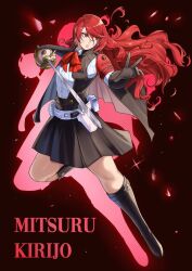 Rule 34 | 1girl, belt, black footwear, black gloves, black skirt, black vest, boots, bow, bowtie, character name, commentary, deliciousbrain, gloves, holding, holding sword, holding weapon, kirijou mitsuru, long hair, looking to the side, miniskirt, persona, persona 3, pleated skirt, rapier, red bow, red bowtie, red eyes, red hair, shirt, skirt, solo, sword, very long hair, vest, weapon, white belt, white shirt