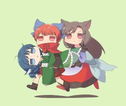 Rule 34 | 3girls, animal ears, blue bow, blue eyes, blue hair, bow, brown footwear, brown hair, carrying, commentary request, covered mouth, dress, drill hair, fins, grass root youkai network, green background, green kimono, hair bow, head fins, imaizumi kagerou, japanese clothes, kimono, long hair, mermaid, monster girl, multiple girls, partial commentary, red eyes, red footwear, red hair, running, sasa kichi, sekibanki, shoes, short hair, simple background, touhou, wakasagihime, wolf ears