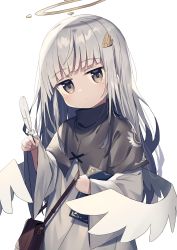 Rule 34 | 1girl, bag, black capelet, book, brown eyes, capelet, closed mouth, commentary request, feathered wings, grey robe, halo, head tilt, highres, holding, long hair, long sleeves, hugging object, original, quill, robe, shoulder bag, silver hair, simple background, sleeves past wrists, solo, upper body, very long hair, wagashi928, white background, white wings, wide sleeves, wing hair ornament, wings