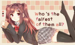 Rule 34 | 1girl, bad id, bad pixiv id, black thighhighs, blazer, blush, brown eyes, brown hair, english text, hair ornament, hairclip, jacket, long hair, looking at viewer, lying, no shoes, on stomach, original, plaid, plaid skirt, red eyes, red hair, ribbon, school uniform, skirt, sleeves past wrists, smile, solo, thighhighs, tsukudani norio, twintails, two side up, zettai ryouiki